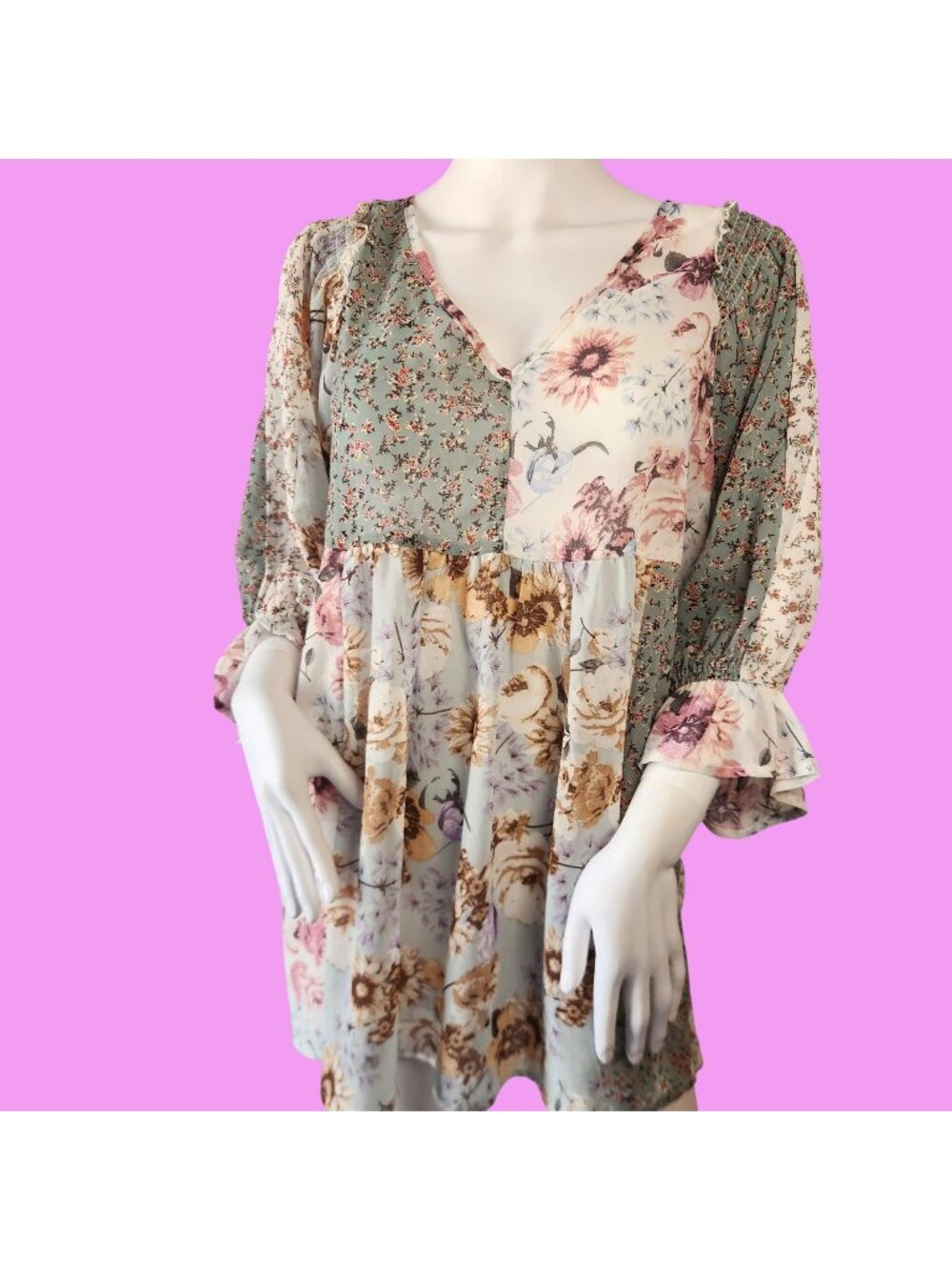 Floral Patchwork Boho Tunic Dress with Ruffled Sleeves & Smocked Details Large